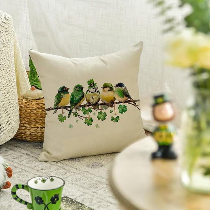 RABUSOFA St.Patricks Day Pillow Covers 18x18 Inch,Birds Shamrock Decorations Holiday Spring Decorative Pillow Case Decor for Sofa Couch Green