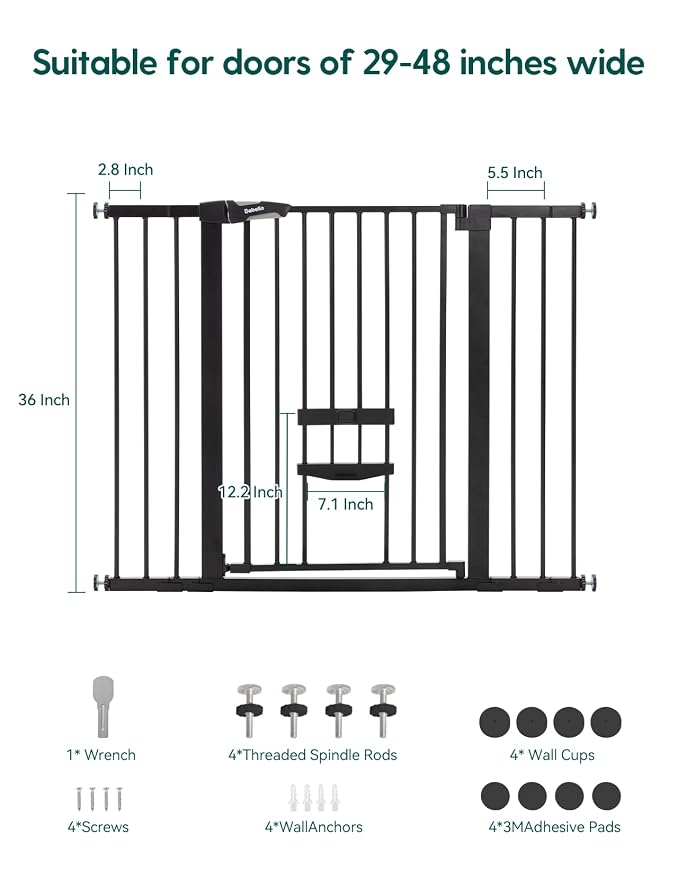 Babelio 36" Tall Baby Gate with Cat Door, CatPrivilege II, 29-48" | Extra Wide Auto-Close Pet Door for Stairs, Doorways & House, 6-Level Adjustable, Wall Cups Included, Black