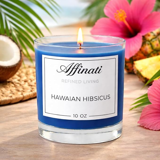 Hawaiian Hibiscus Affinati 10 oz Scented Candle for Home – Long Lasting Fruity Soy Blend Candle with Wooden Wick, Strong Scent Throw Glass Jar Candles, Premium Clean Burning Aromatherapy Gifts