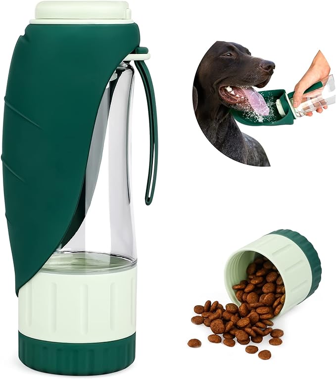 TIOVERY Upgraded Dog Water Bottle, Portable Dog Cat Puppy Pet Water Dispenser Feeder with Drinking Cup and Food Container Leak Proof for Outdoor Walking, Travel, Hiking 12OZ