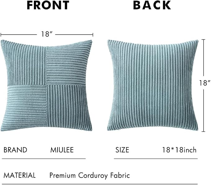 MIULEE Slate Blue Decorative Throw Pillow Covers for Couch 18x18 Inch | 2 Pack, Boho Farmhouse Pillow Covers, Soft Cross Corduroy Patchwork Textured Cushion Cases For Bed Sofa