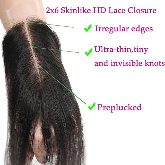 2x6 HD Transparent Skinlike Human Hair Lace Closure Body Wave 18inch 100% Brazilian 2x6 Closure Virgin Human Hair Kim K Middle Part Closure Body Wave Natural Black Glueless Pre Plucked Bleached
