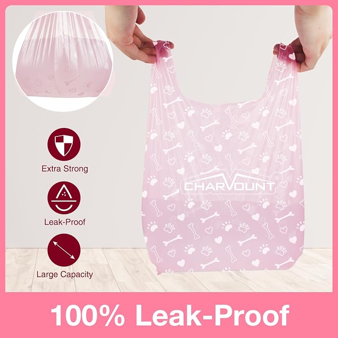 Charmount 120 Counts Unscented Dog Poop Bags Rolls with Handles | 16"x8"Extra Thick Pet Waste Bag, Leak Proof and Easy Tie, Cat Litter Bags, Pink
