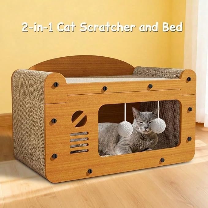 3-in-1 Scratcher Cat House – Save Your Furniture Combines Play Cave, Cozy Bed & Scratching Pad. Durable Cardboard, Reduces Stress. Ideal for Indoor Cats Who Love to Scratch, Play & Nap (MD-TV)