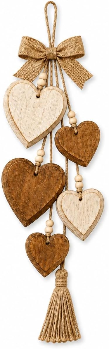 Rustic Solid Wood Heart Wall Hanging, Farmhouse Burlap Bow Decor with Distressed Wooden Hearts & Pendants, Romantic Art for Bedroom & Home Room, Vintage Charm Art Decor Signs(Natural Cream)