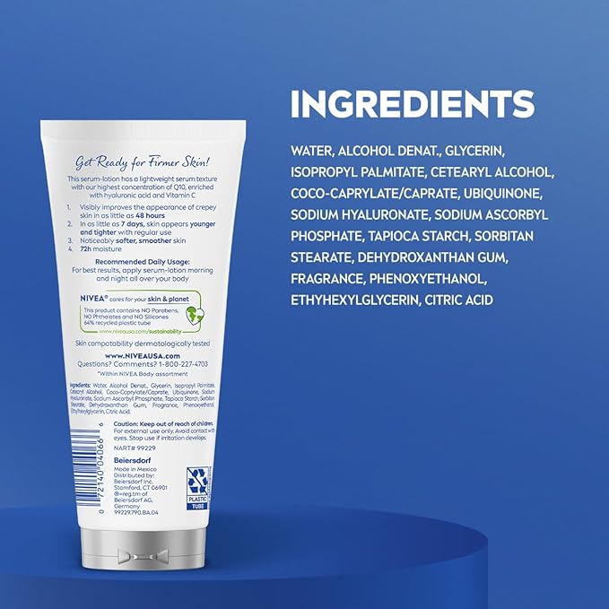 NIVEA Skin Firming & Anti Crepe Body Serum-Lotion with Q10, Hyaluronic Acid and Vitamin C, 72-Hour Moisture, 6.7 Fl Oz Tube