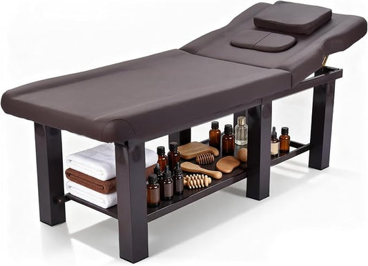 Professional Stationary Massage Table with Backrest, Adjustable Thick Foam Spa Massage Beds,Metal Frame PU Leather 27.55'' Wide 72.83'' Long Heavy Duty Bed for Massages, Hairdressing, Spas(Brown)