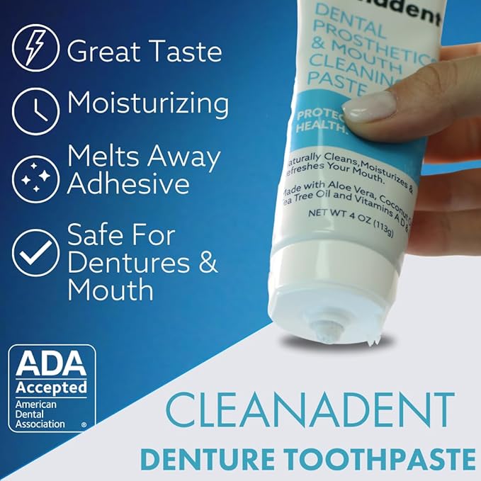 Dr. B Dental Solutions Cleanadent Denture and Gum Toothpaste, ADA Accepted All-Natural Denture Toothpaste for Adults - Removes Odors, Stains and Adhesives - 4 oz (2 Pack)