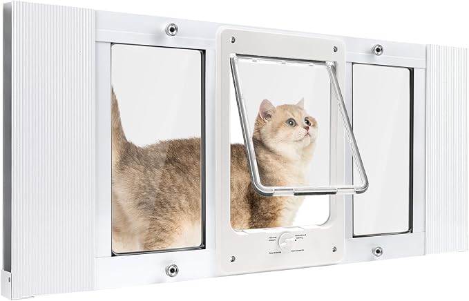 Petoasis Cat Door for Window & Small Dog, Quick Damage-Free Install, 32"-36" Width Adjustable, All Aluminum Frame, 4-Way Lock, Magnetic Closure Cat Window Door, Extra Window Lock & Sealing Strips (L)
