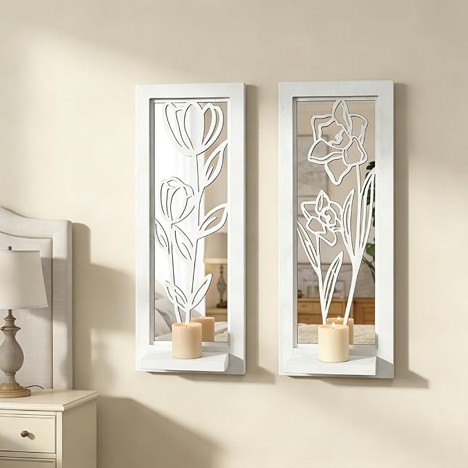 ZEXUIRU 2 Set Rustic Candle Sconces Living Room Bedroom Entryway Wood Mirrored, Farmhouse, Carved Frame Wall-Mount Wooden Candle Holders Wall Decor Hanging Handmade Holder - Distressed White