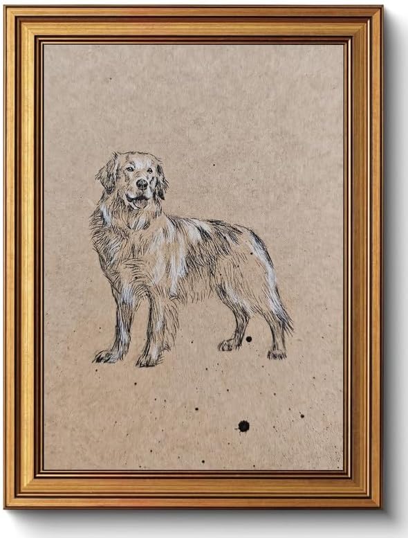 ZLPLLHA Gold Framed Wall Art Vintage Wall Decor Golden Retriever Canvas Art Dog Pet Pictures Portrait Paintings Sketch Artwork Antique Animal Prints For Bedroom Living Room
