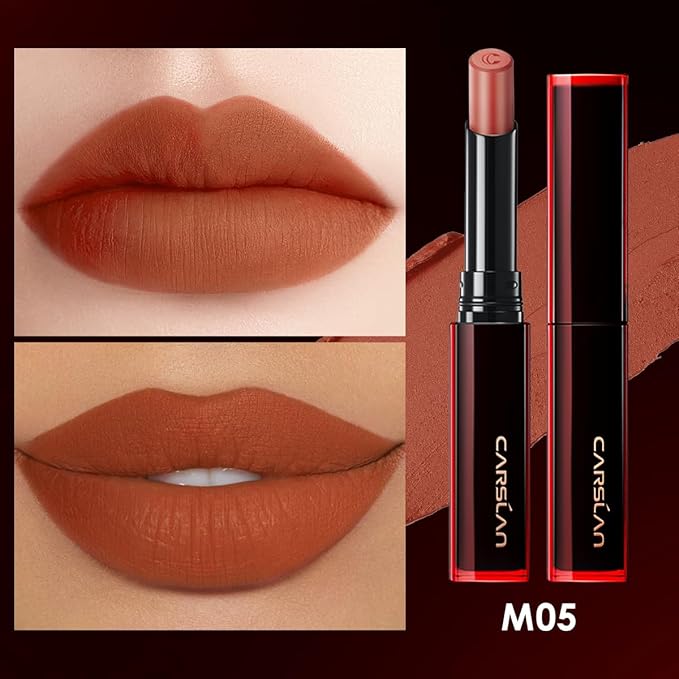 CARSLAN Light Cream Longwear Lipstick, 12H Longlasting Matte Lipstick, High Impact Lip color with Moisturizing Formula with Vitamin E, M05, 0.06 Oz