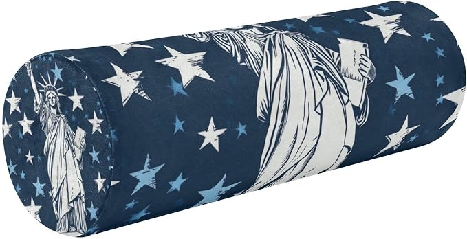 July 4th Statue of Liberty Stars Blue Neck Roll Pillow Bolster Round Health Memory Foam Long Cervical Cylinder Pillows with Removable Washable Cover for Body Bed Legs Back Yoga