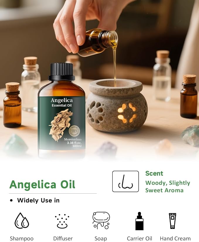 Angelica Root Essential Oil, Earthy Scent, Diffuser & DIY, 3.38 Fl Oz | Mumianhua Angelica Root Oil, Herbaceous, Spicy, Earthy Aroma. For Meditation, Skin, Hair & Candle Making