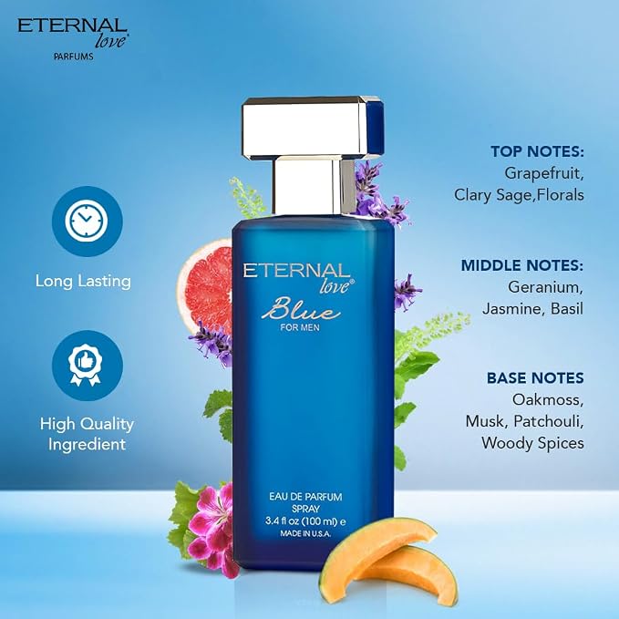 Eternal Love Blue for Men - Long Lasting Eau de Parfum Spray - Fresh Marine Scent with Musk & Warm Woods- Light and Breezy Fragrance - 3.4oz
