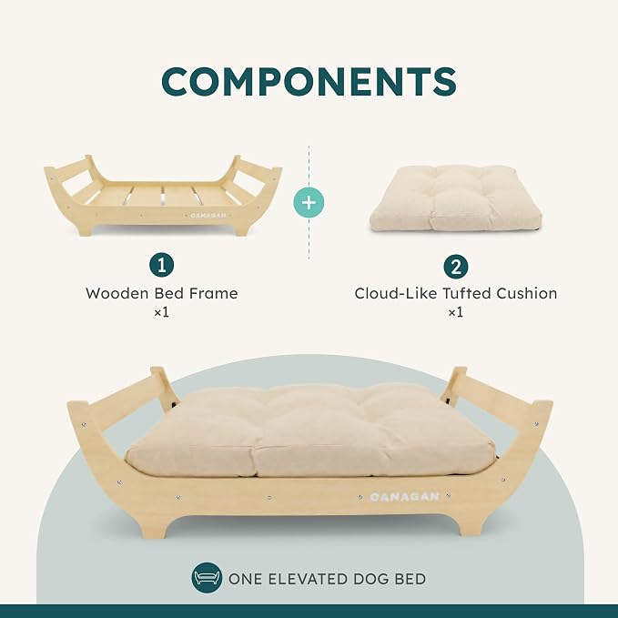 CANAGAN Elevated Wood Dog Bed Frame with Cushion, WoodPattern, Large | Raised Dog Couch Bed with Washable Cover and Plush PP-Filled Cushion, Furniture-Style for Indoor Living