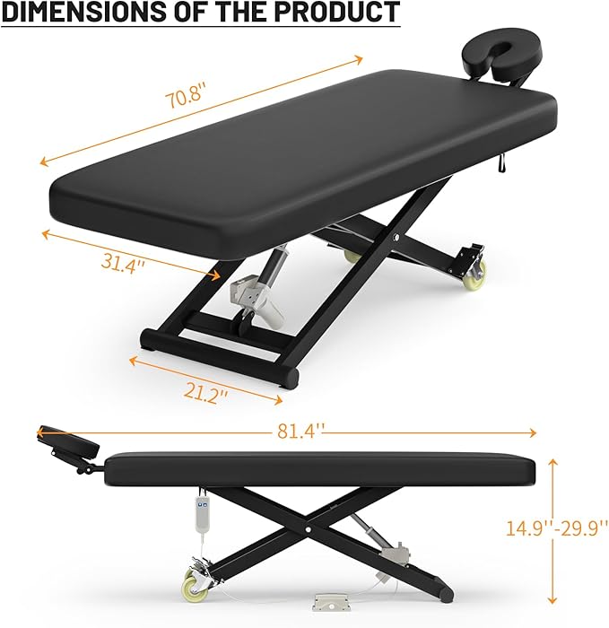 Electric Massage Table Bed - Facial Spa Treatment Table, Esthetician Bed with Wheel, Hand & Foot Pedal Dual Control Adjustable Height 440lbs, Professional Salon & Beauty Spa Use (Black)