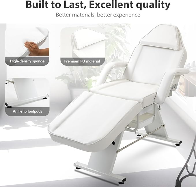 Facial Bed Tattoo Chair with Two Trays Esthetician Beds Adjustable Folding Salon Bed with Hydraulic Stool Massage Chair for Professional Massage Facial Lash Beauty Treatment Spa White