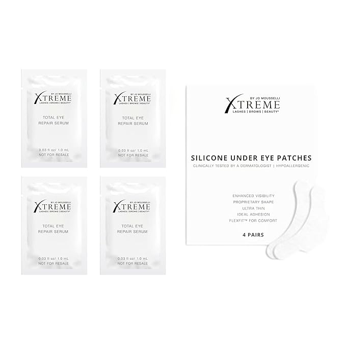 Xtreme Lashes Total Eye Rejuvenation Starter Kit, Total Eye Repair Serum 4 Sample Packets, Silicone Under Eye Patches 4 Pairs, Firming, Hydrating, Smoothing Eye Treatment System