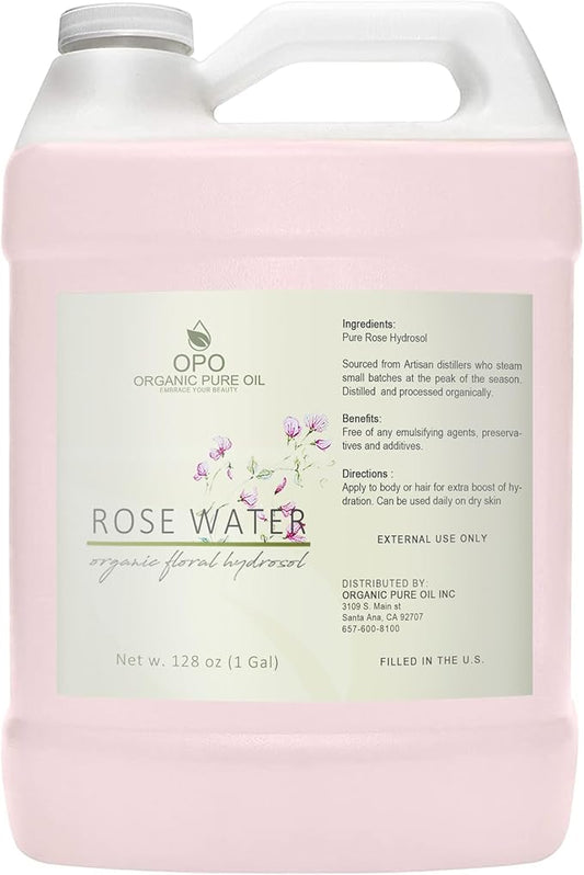 Rose Hydrosol - 128 oz - 1 Gallon - Pure, Steam Distilled, All Natural, Non GMO, Alcohol Free, Bulk Hydrating Toning Cleansing Floral Water Spray Mist Toner for Face Pores Locs Hair Body - OPO