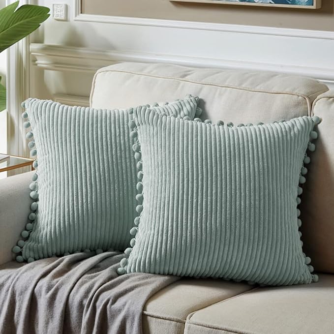 Fancy Homi Pack of 2 Farmhouse Decorative Throw Pillow Covers with Pom-poms, Soft Corduroy Solid Square Cushion Cases Set for Couch Sofa Bedroom Car Living Room (16x16 Inch/40x40 cm, Grey Blue)