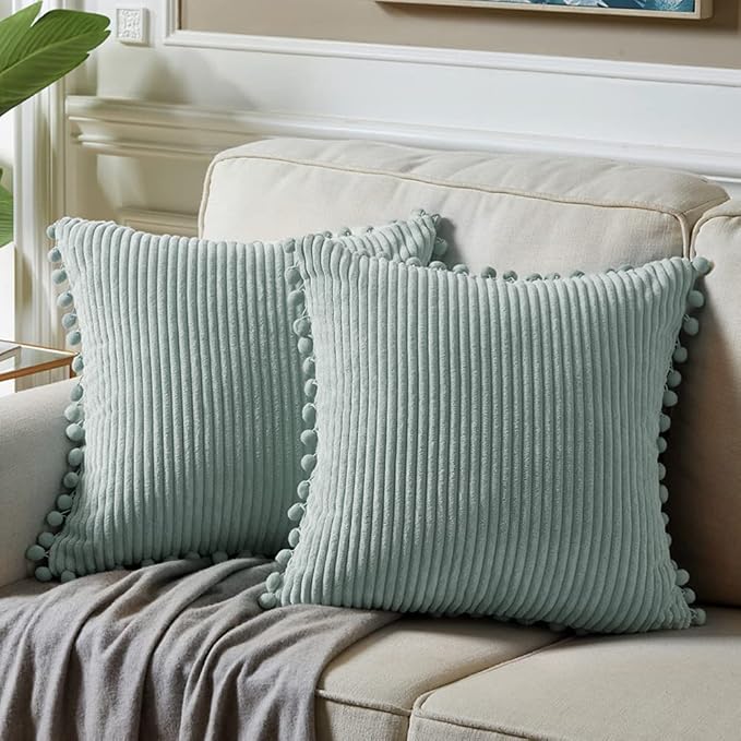 Fancy Homi Set of 2 Grey Blue Decorative Throw Pillow Covers 12x12 Inch with Pom-poms for Couch Bed Sofa, Modern Farmhouse Boho Home Decor, Soft Plush Corduroy Cute Cushion Case 30x30 cm
