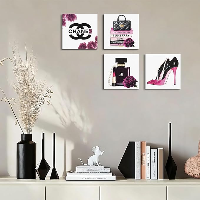 4 Pcs Framed Fashion Canvas Wall Art Pink Pictures Wall Decor | Aesthetic Posters Art Prints Artwork Pink for Women Teen Girls Room Bedroom Office Apartment Vogue Living Room Decor 8x8 Inch