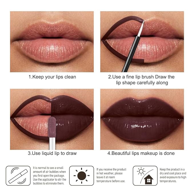 evpct Chocolate Brown Shiny Glossy Longwear No-Budge Liquid Lip Color Lipstick Makeup, Highly Pigmented Color Instant Shine, Waterproof Long Lasting Lipstick Women Lip Stain Gloss with Lip Liner Brush
