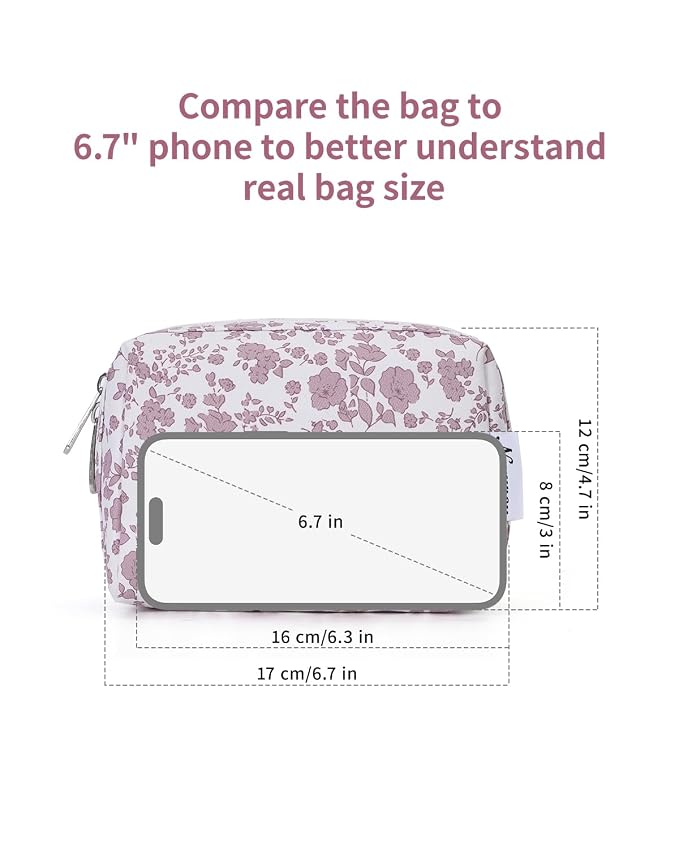 Narwey Small Cute Floral Makeup Bag for Purse Mini Cosmetic Bag Travel Makeup Pouch Zipper Pouch Cute Make up Bags with Compartments for Women Girls (Dusty Pink Flower, Small)