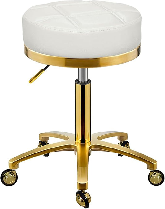 Gold Rolling Vanity Stool with Wheels, Salon Spa Tattoo Massage Pedicure Chair, PU Leather Roller Chair, 43-55cm Height Adjustable Office Work Swivel Stool (White, Without Back)