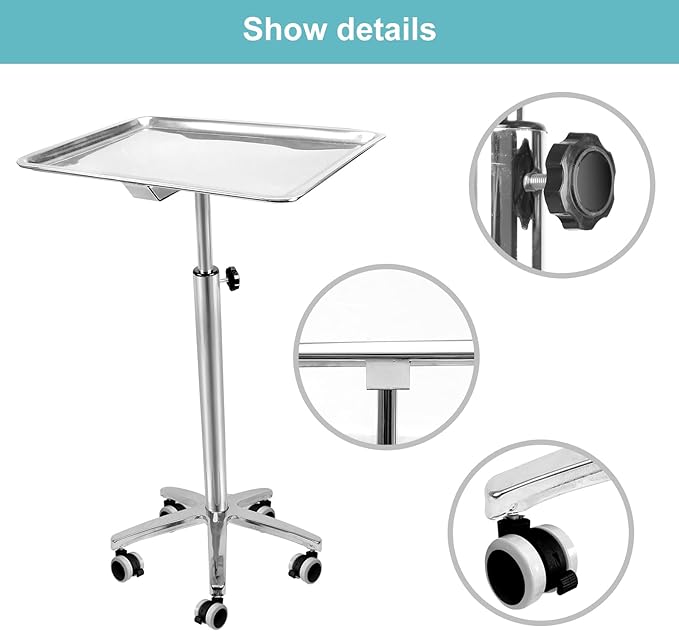 Premium Extra Large Salon Tray Medical Tray Mayo Stand with Brake Wheels