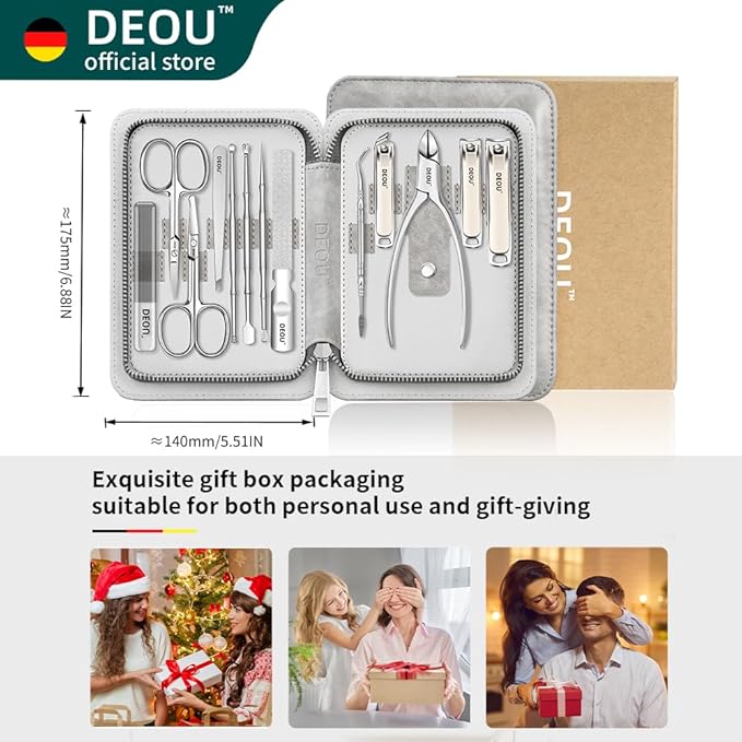 DEOU 13pcs Nail Grooming Kit Stainless Steel Professional Manicure Set Men Nail Care Tools with woman Luxurious Portable Travel Case Gift (Gray)