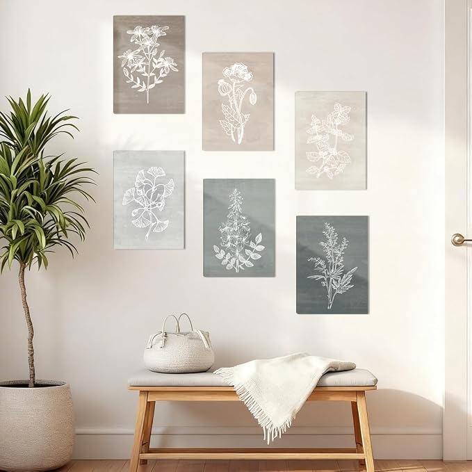 BINCUE Neutral Botanical Plant Canvas 6 Pieces Rustic Farmhouse Wall Art for Living Room Bedroom and Bathroom,Canvas Paintings Print Set Decor 12"x 16"