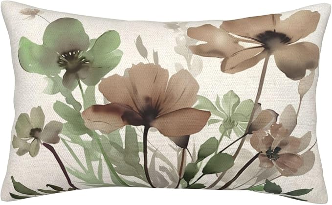 Floral Pillow Covers 12x20 Inches Set of 2 Sage Green Brown Floral Throw Pillow Cover Outdoor Decor Spring Summer Flower Decoration Pillowcase Farmhouse Decorative Cushion Cover For Couch Sofa