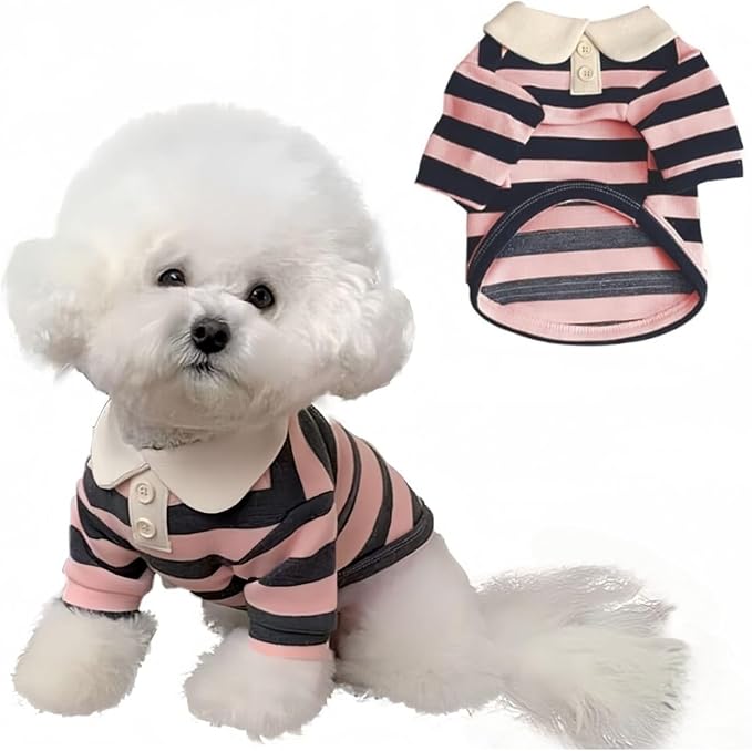 MANON ROSA Boy Dog Polo Shirt for Small Dogs, Pink, 2XL, 16.5-22 lb | Cute Puppy Clothes With Classic Stripes, Soft Breathable Pet Apparel For Yorkies, Shih Tzus And Everyday Summer Wear