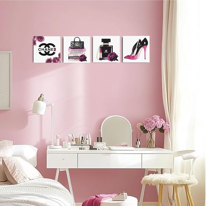 4 Pcs Framed Fashion Canvas Wall Art Pink Pictures Wall Decor | Aesthetic Posters Art Prints Artwork Pink for Women Teen Girls Room Bedroom Office Apartment Vogue Living Room Decor 8x8 Inch