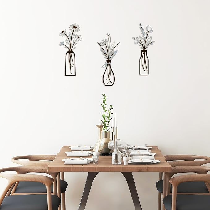 3 Pieces Metal Vase Flowers Wall Arts - Rustic Farmhouse Style Décor Metal Wall Art Black Minimalist Flower Natural Themed Wall Decors for Home Bedroom Dining Room Housewarming (Brown-Blue, Vase-C)
