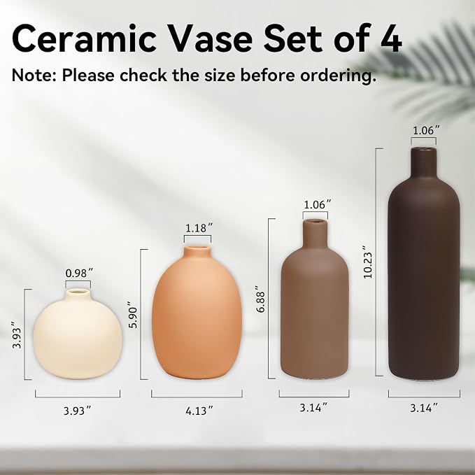 Ceramic Vase Set of 4, Decorative Neutral Modern Flower Vases for Home Decor, Living Room, Shelf Decor, Bookshelf, Kitchen, Centerpiece, Table, Bedroom, Office, Farmhouse