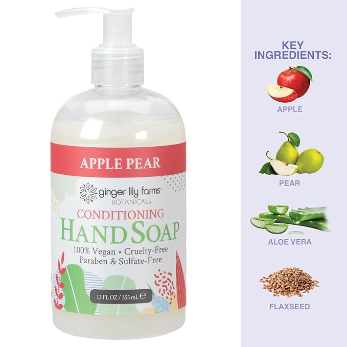 Ginger Lily Farms Botanicals Conditioning Liquid Hand Soap Refill, 100% Vegan & Cruelty-Free, Apple Pear Scent, 12 Fl Oz (Pack of 6)