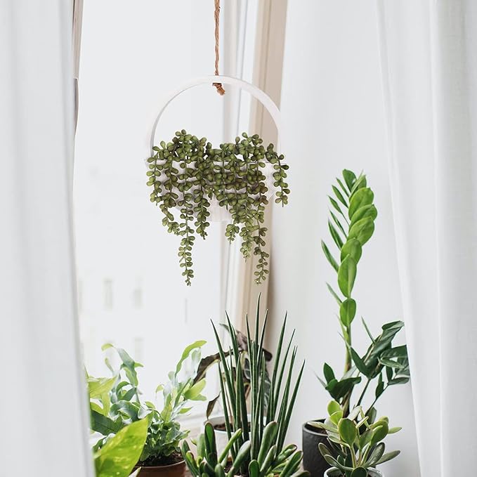 Artificial Succulents Hanging Plants 12.2'' Fake String of Pearls in Pot with 8.3'' Lanyard for Indoor Outdoor Wall Decor.