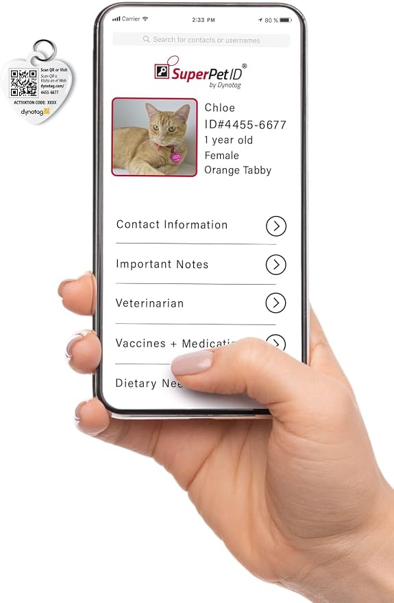 Dynotag® Web Enabled Super Pet ID Smart Tag with DynoIQ™ & Lifetime Recovery Service. Play Series: Deluxe Coated Steel - Heart (Check Meowt)