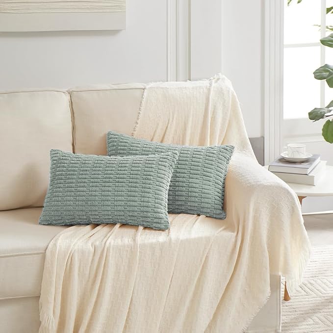 Fancy Homi Decorative Throw Pillow Covers for Bed Couch Bedroom Bench, Soft Lumbar Corduroy Solid Pillow Case, Rustic Farmhouse Boho Room Décor, 24" x 12" (Pack of 1), Grey Blue