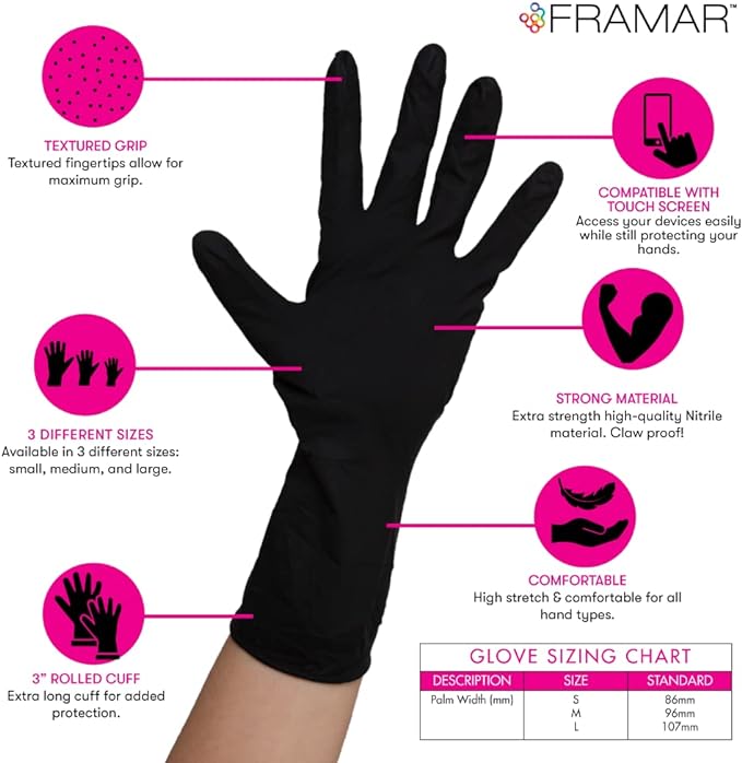 FRAMAR Powder Free Nitrile Gloves Medium – 12 INCH Black Gloves Disposable Latex Free, Guantes De Nitrile, For Hair Dye, Cleaning, Tattoo – Extra Durable & Resistant – 100 Pack