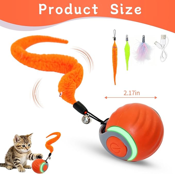 Interactive Cat Toy Ball - Automatic Moving Cat Ball for Indoor Cats with 3 Tails, Rechargeable Silent Kitten Toy for Boredom & Exercise, Rolling Ball Toy with 2 Modes & 2 Speeds.