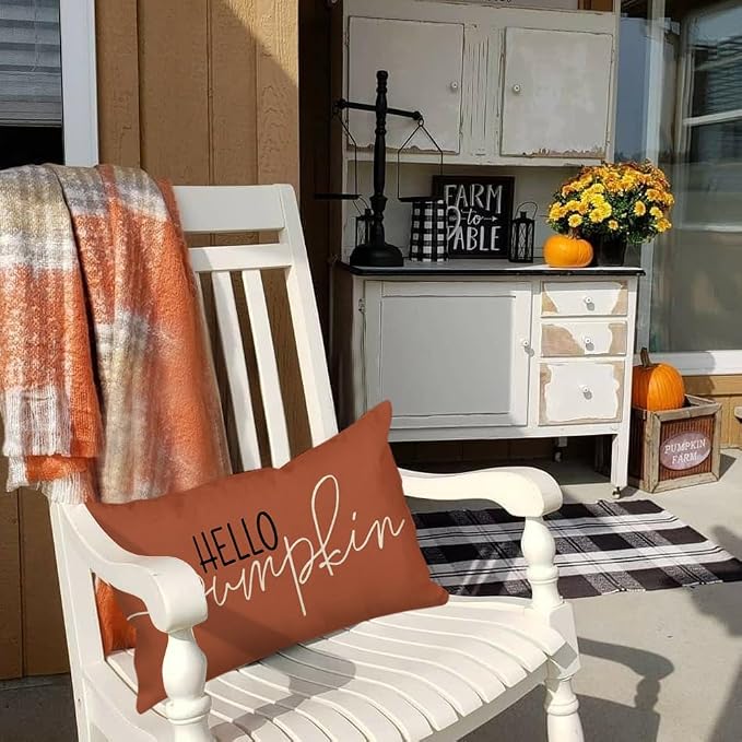 RABUSOFA Fall Pillow Covers 12x20 Inch,Rust Autumn Hello Pumpkin Pillows Decorative Throw Pillows,Lumbar Outdoor Thanksgiving Cushion Cover Farmhosue Fall Decor for Bedroom Couch Sofa