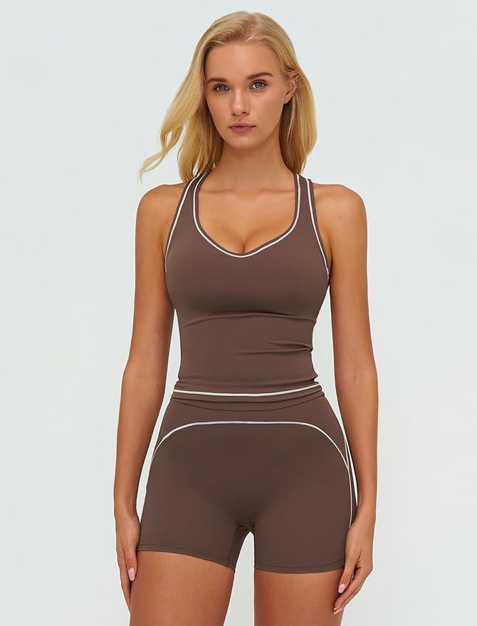 QBGJTD Two Piece Workout Sets for Women Color Block Racerback Tank Tops and High Waist Shorts Gym Yoga Outfits