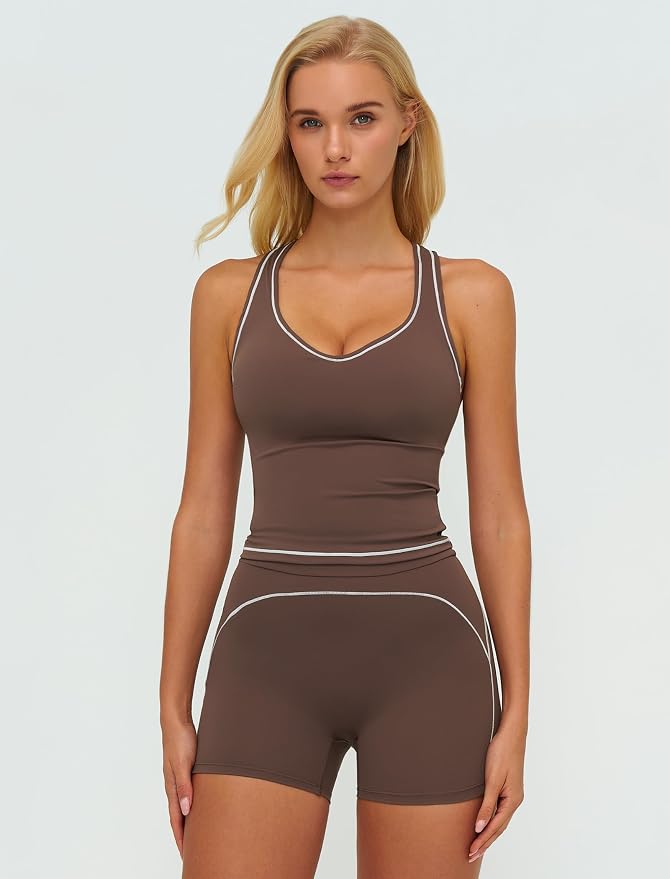 QBGJTD Two Piece Workout Sets for Women Color Block Racerback Tank Tops and High Waist Shorts Gym Yoga Outfits