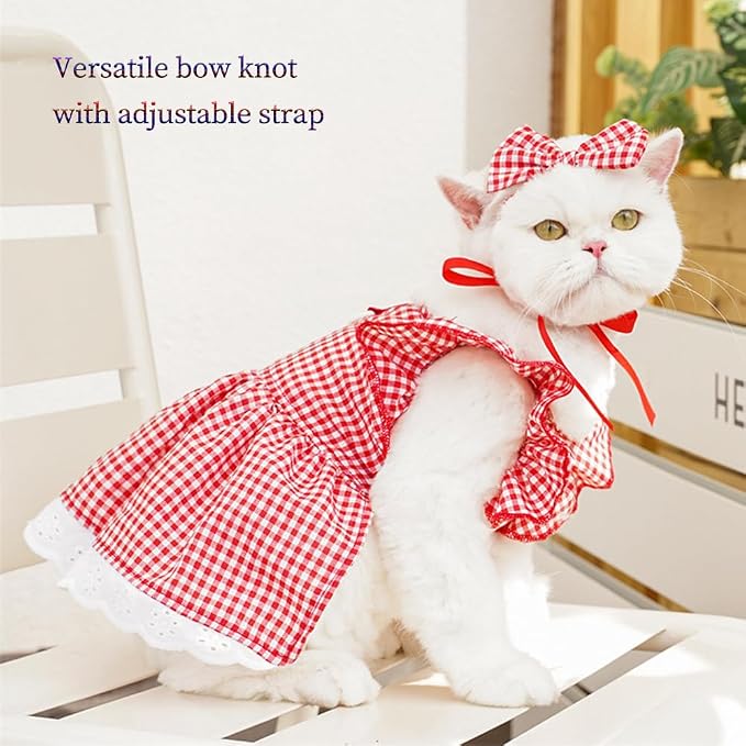 ANIAC Plaid Dog Dress with Leash Ring Girl Dog Clothes for Small Dog Bow Decor Red Cat Dress for Cat only Holiday Puppy Clothes for Chihuahua Yorkie Dachshund Pomeranian (Medium, Plaid)