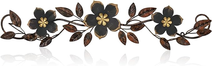 Wesiti Metal Flower Wall Decor Vintage Metal Flower Wrought Iron Scroll Sculpture 15.7''x3.7'' Not 3D, Flat Farmhouse Leaf Wall Decor with Nails for Summer Bedroom Kitchen Indoor Outdoor(Black)