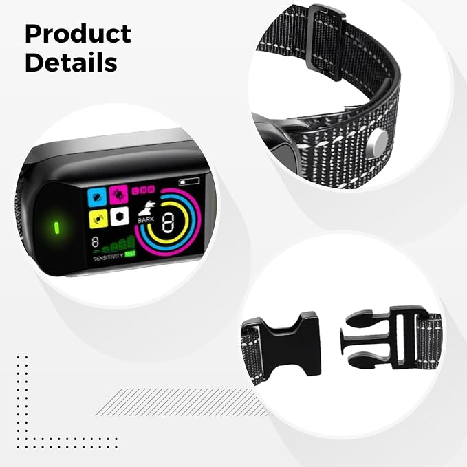Dog Bark Collar with Smart Vibration, Color Screen Display, Reflective Nylon Strap, Adjustable Sensitivity, Waterproof, for Small Dogs, Soft Textile Fit, Easy Daily Training